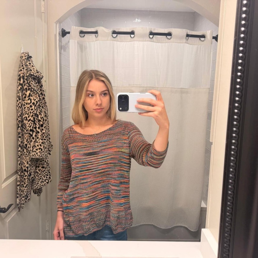 John Paul Richard Knit Sweater Colorful Striped 3/4 Sleeve Top Size L